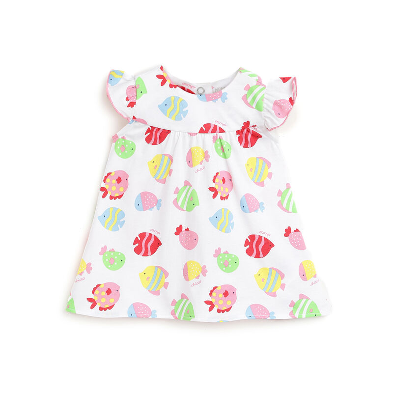 Girls White Fish Printed Short Sleeve Dress image number 0